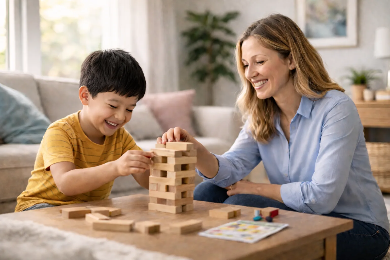 A therapist and a young boy smiling as they play Jenga together at a living room table